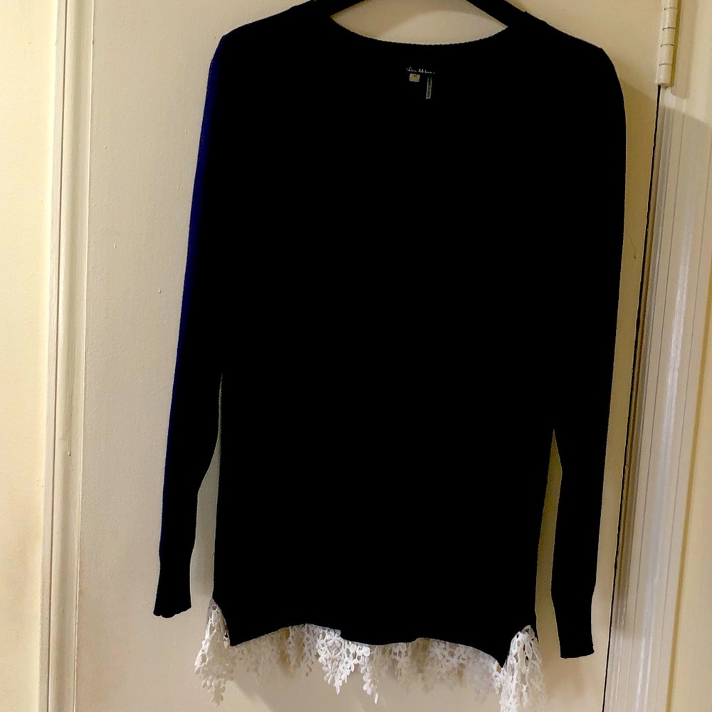 Milano Black Blouse with White Lace Trim